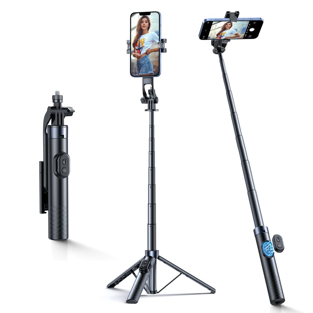 Selfie stick with smartphone holder, telescopic tripod 1.7m - black