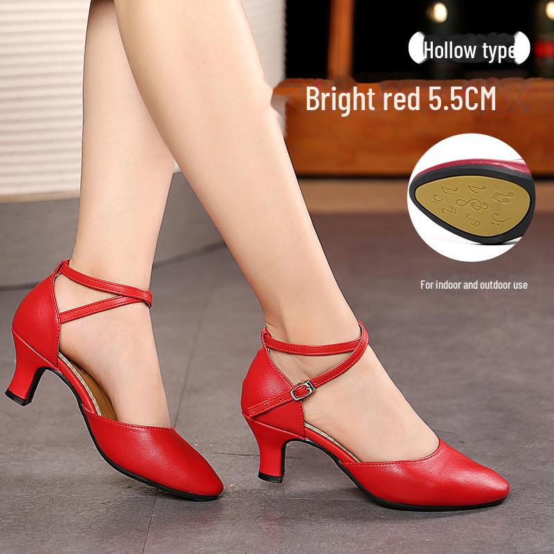 Женские туфли для латинских танцев из натуральной кожи, красная воловья кожа, мягкая подошва, средний/высокий каблук, стиль Square Dance.