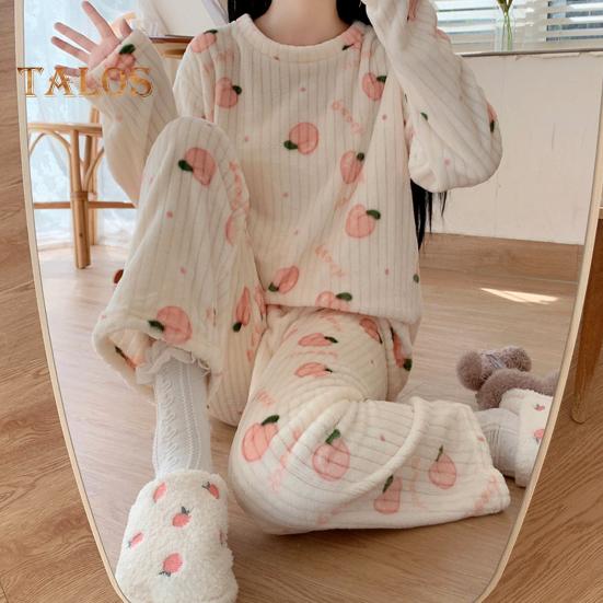 2 шт./комплект Женская зимняя пижама с круглым вырезом и рисунком медведя и персика, длинный рукав, коралловый флис, домашняя одежда, топ и штаны, комплект, свободная домашняя одежда для женщин
