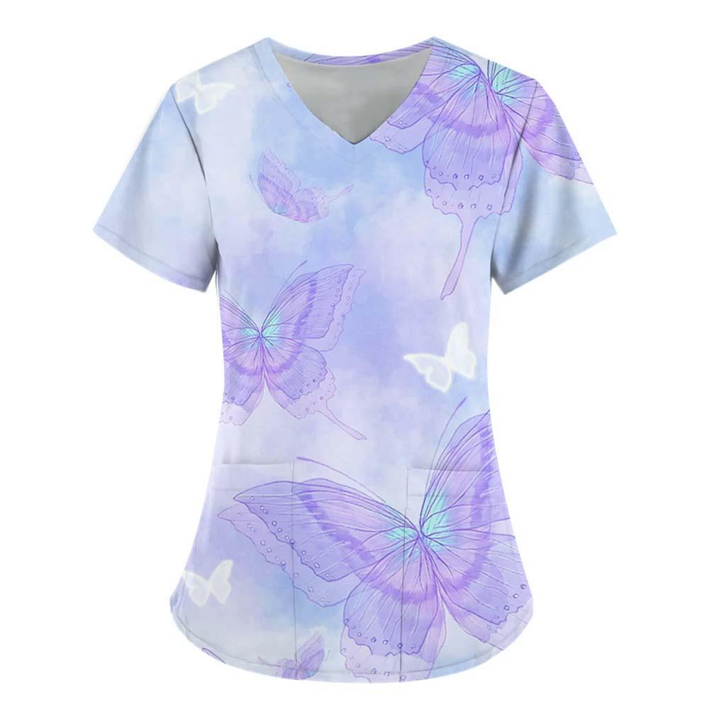 Women's T-shirt V-neck Nurse Uniform Commuting Comfortable Short Sleeved Butterfly Printed T-shirt for Women
