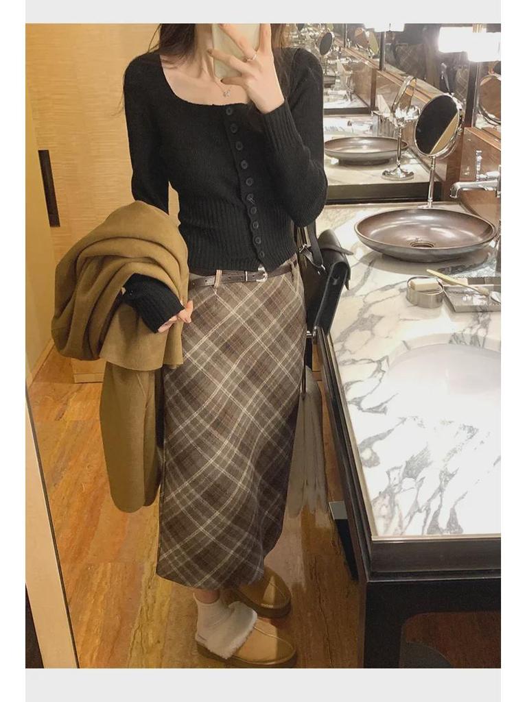 Женский облегающий вязаный кардиган - квадратный воротник, длинный рукав, короткая талия для осени/зимы