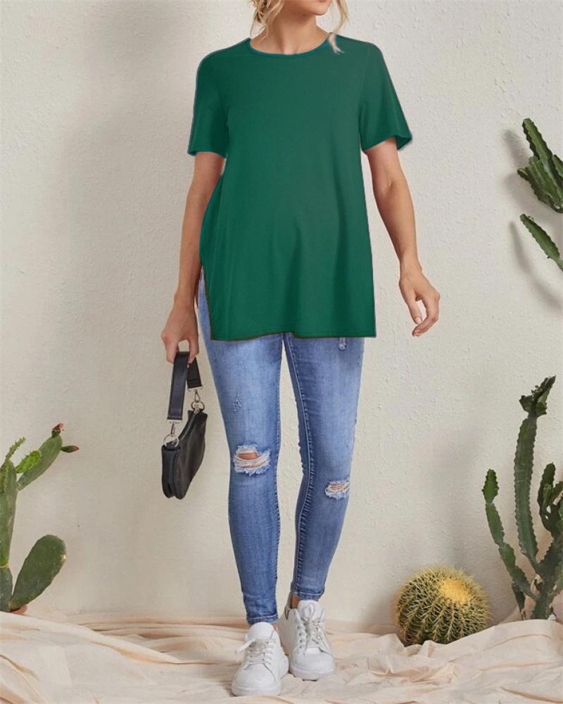 Новые повседневные однотонные топы для беременных, одежда для беременных с разрезом и сотней топов с круглым вырезом, топы с короткими рукавами