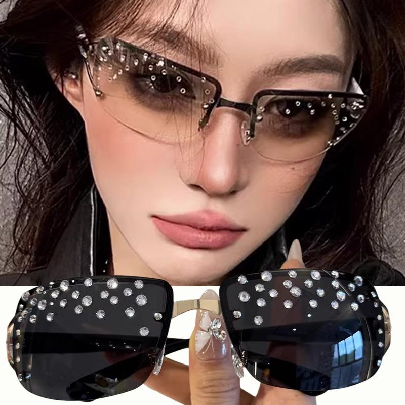 American Sweet Cool Frameless Diamond Studded Sunglasses for Women Rhinestone Shining Sun Glasses Blue Light Blocking Glasses