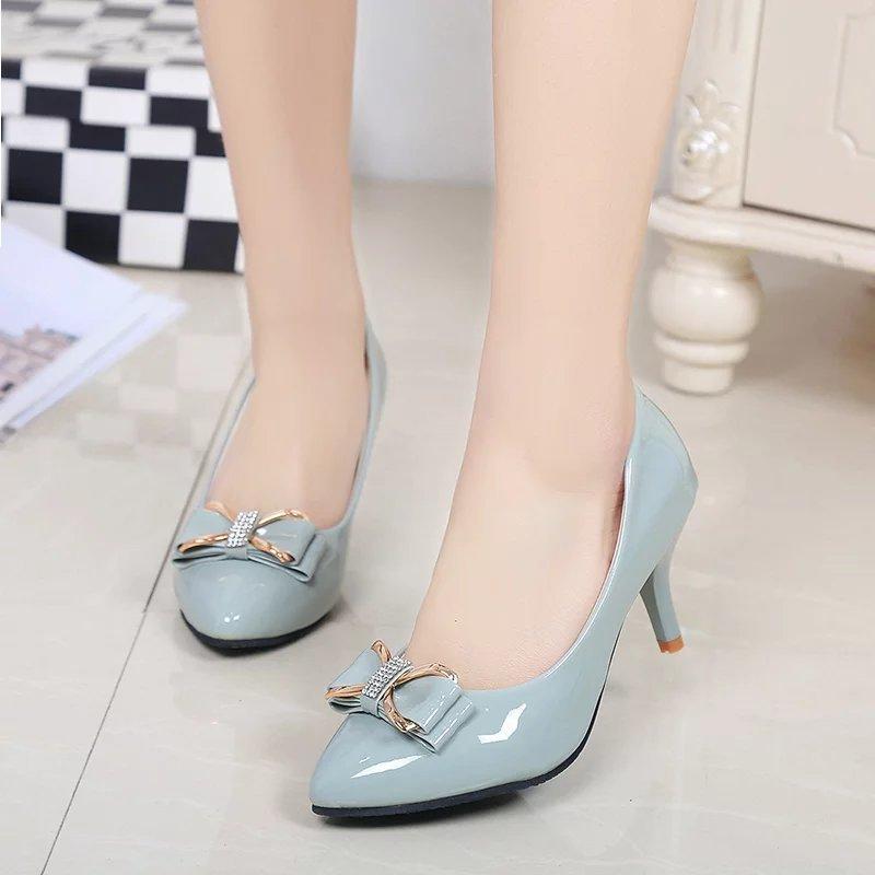 Spring and autumn high heels shallow mouth women's single shoes sweet thin heels pointed bow Korean version professional four seasons work leather sh