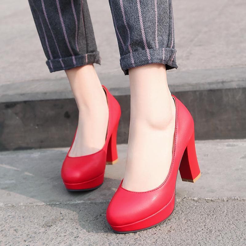 Q/Women's High Heeled Single Shoes with Simple Temperament, Solid Color Waterproof Platform, Shallow Mouth, Thick Heel, Large Size, Low Top Shoes