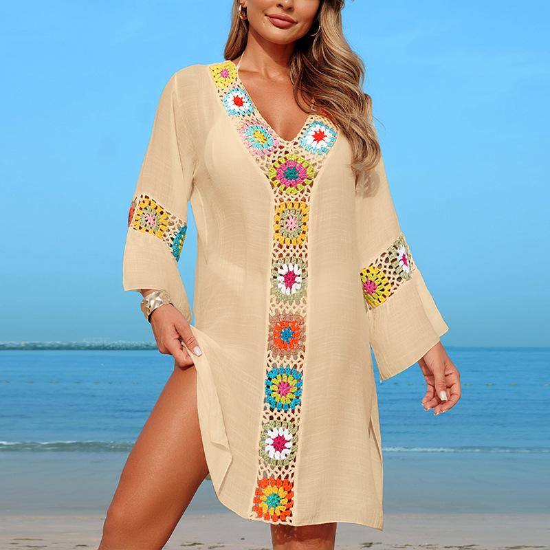 New Patchwork Flower Block Beach Dress Fabric Flower Beach Vacation Sun Protection Smock for Women
