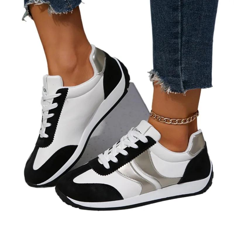 Обувь для женщин 2024 года, женская обувь на шнуровке, вулканизированная обувь, уличные женские кроссовки, разноцветные, с круглым носком, на плоской подошве, женская повседневная обувь