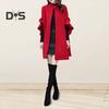 Women Winter Overcoat Petal Sleeve Stand Collar A-line Cape Open Stitch Cardigan Mid Length Outdoor Woolen Coat Poncho