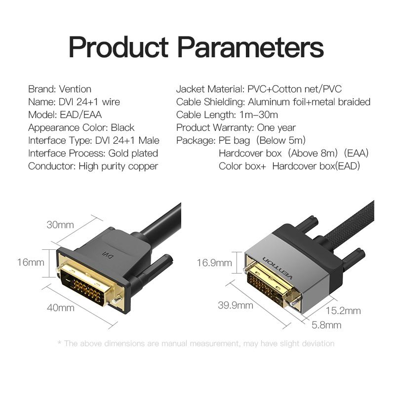 Vention DVI To DVI Cable 1080P 60Hz DVI-I 24+1 DVI Male To DVI Male Adapter Converter for Laptop Monitor Cable DVI Cable