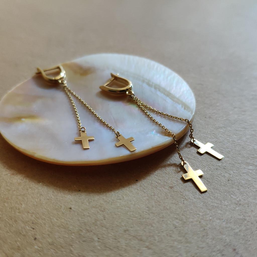 Золотые серьги длинные подвески кресты с цепочками 585 пробы желтое европейское золото без камней (209405003)