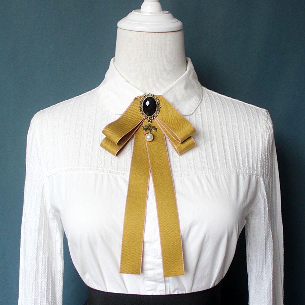 Girls Gorgeous Costume Pearl Tassel Ribbon Bow Tie Collar Pin Cravat Brooch