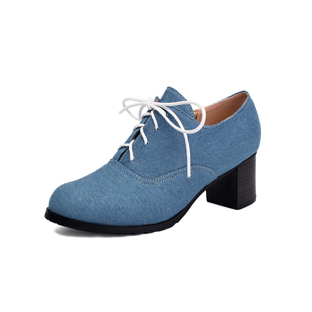 Мода Винтаж Деним Женские Туфли-Лодочки на Шнуровке Квадратный Каблук Круглый Носок Высокий Каблук Британский Стиль Оксфорды Осень Низкий Верх Студенческая Обувь Синие Ботинки