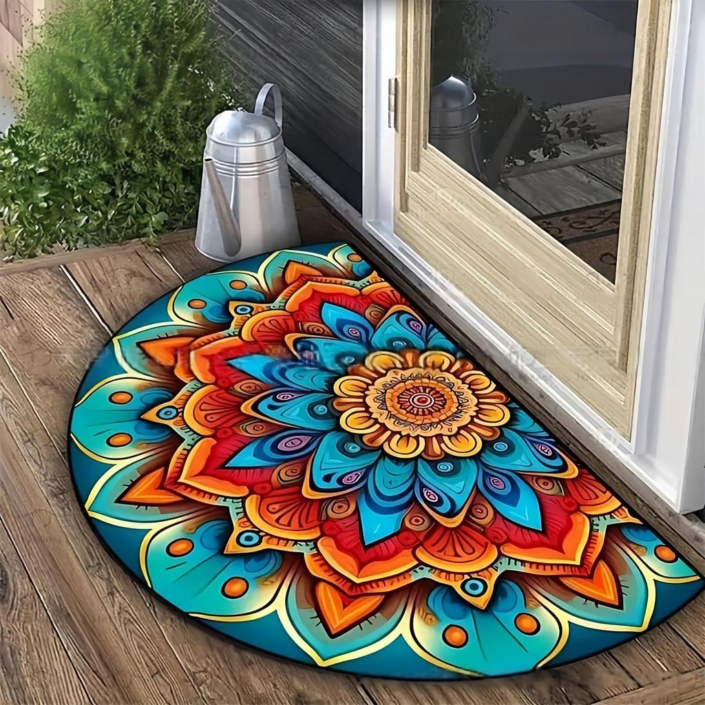 Elephant-Themed Semi-Circle Welcome Mat - Non-Slip Polyester Door Mat with Artistic Elephant Design - Decorative Home Accessory
