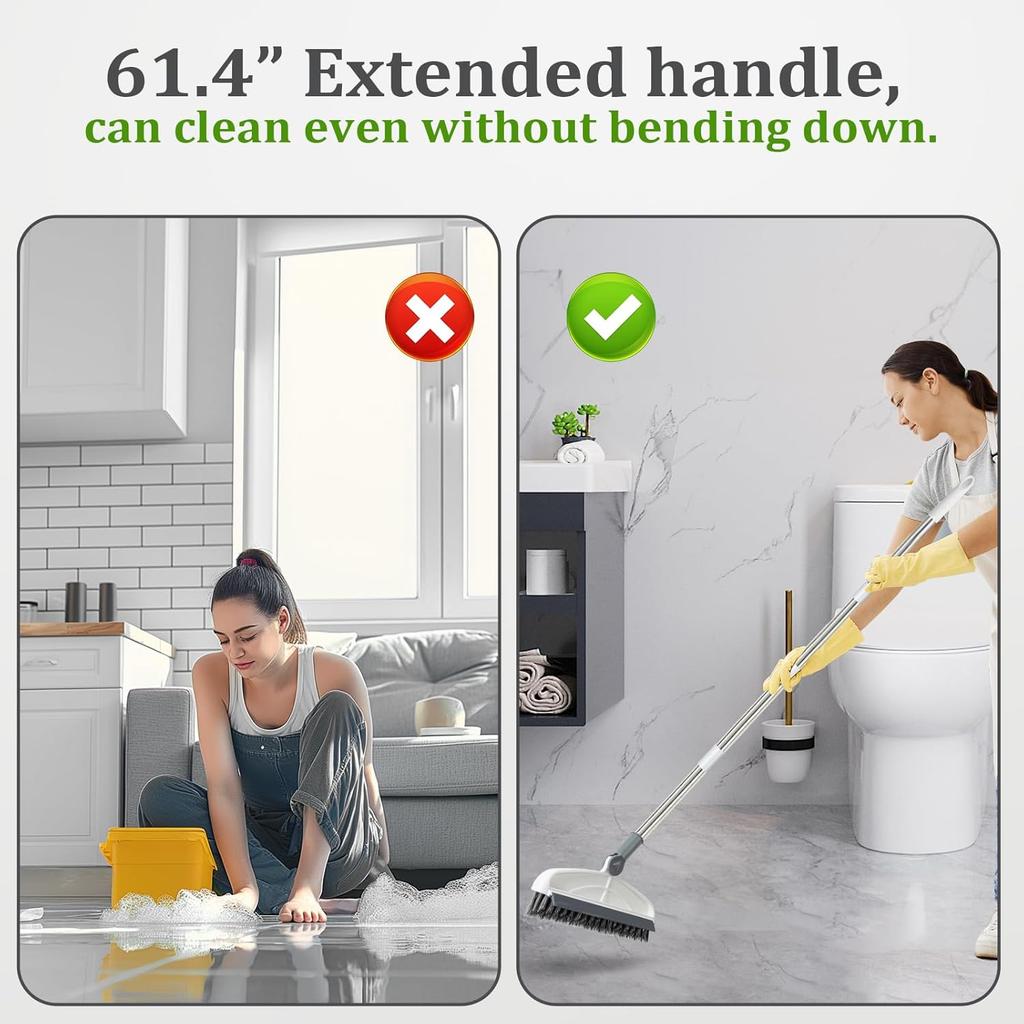 Grout Cleaning Brush with Long Handle, Stiff Brush, Swivel Hard Bristle Brush, 2 in 1 Scrub Brush with Scraper, Tapered Bristles Grouting Line Brush,