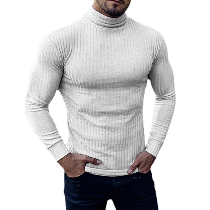 Muscleguys Mens Running T-shirts Autumn Thin Knitted Ribbed Roll Neck Jumper Sports Sweaters Strip Slim Fit Gym Fitness Pullover T Shirts