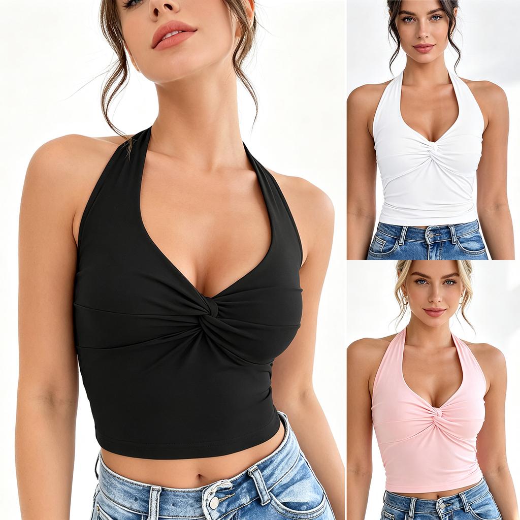 Ladies Halter Neck Sleeveless Tank Top Twist Front Deep V Neck Slim Fit Solid Short Casual Summer Crop Blouse