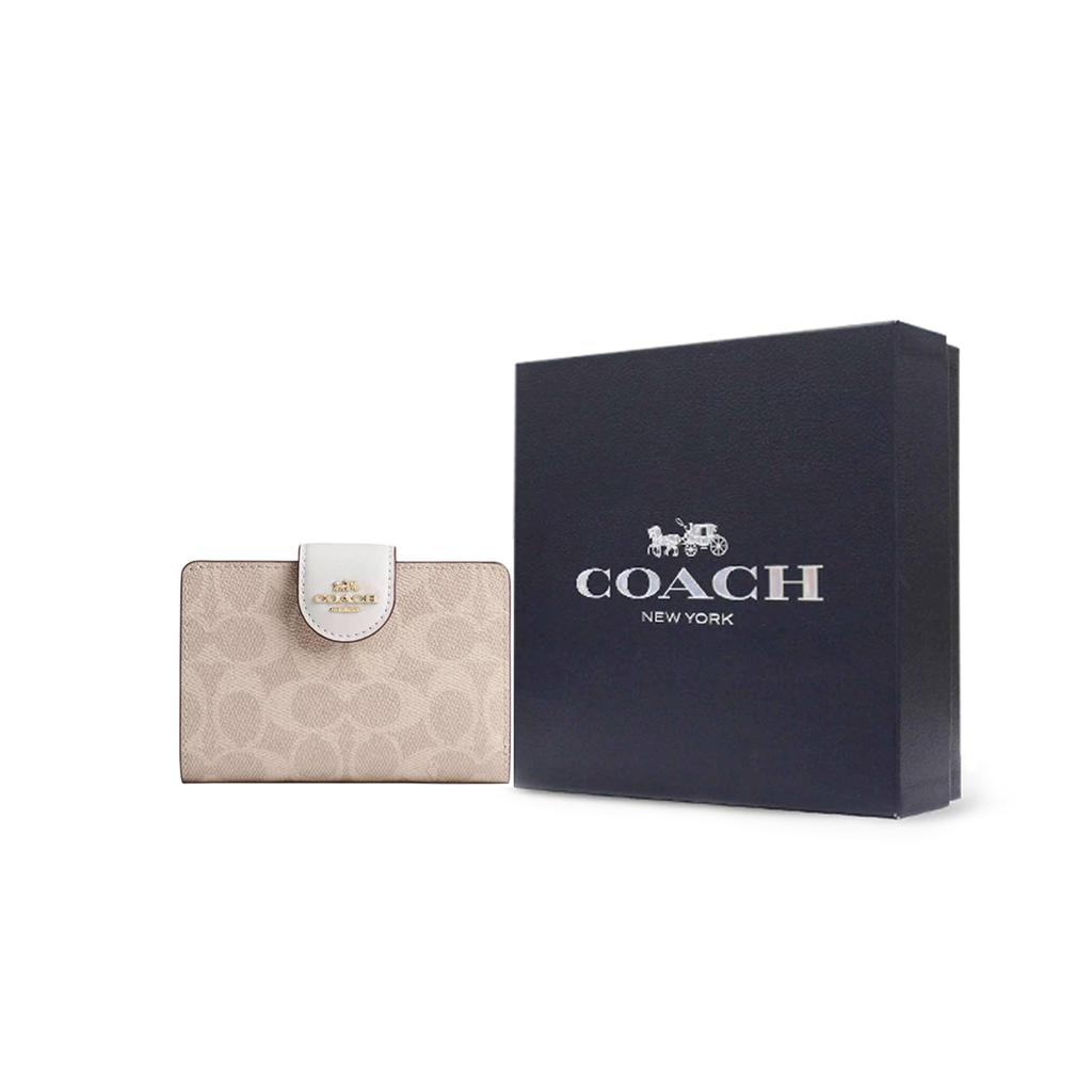 New COACH Corner ZipSignature Coated Canvas Wallet Medium Size Women's Sand & Chalk CW786-IMXDM