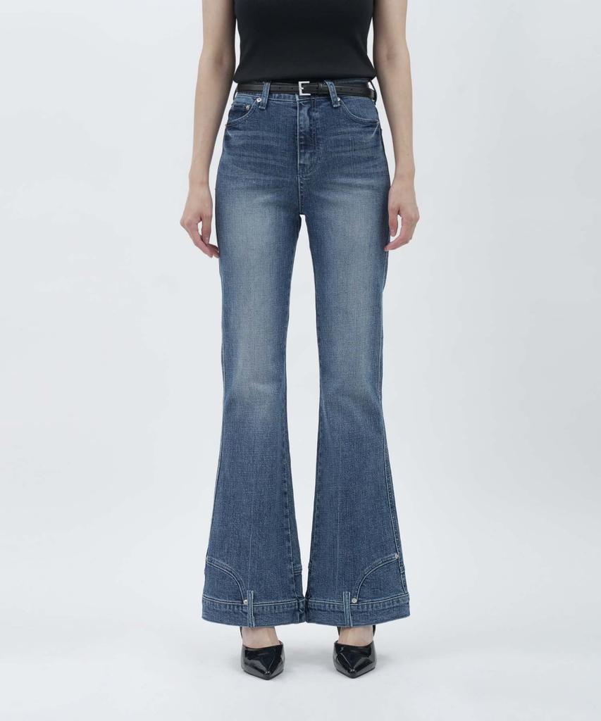 GOLDPERCENT Eyelet Hem Waistband Point Pocket Washed Bootcut Design Denim (Medium Blue / Women)