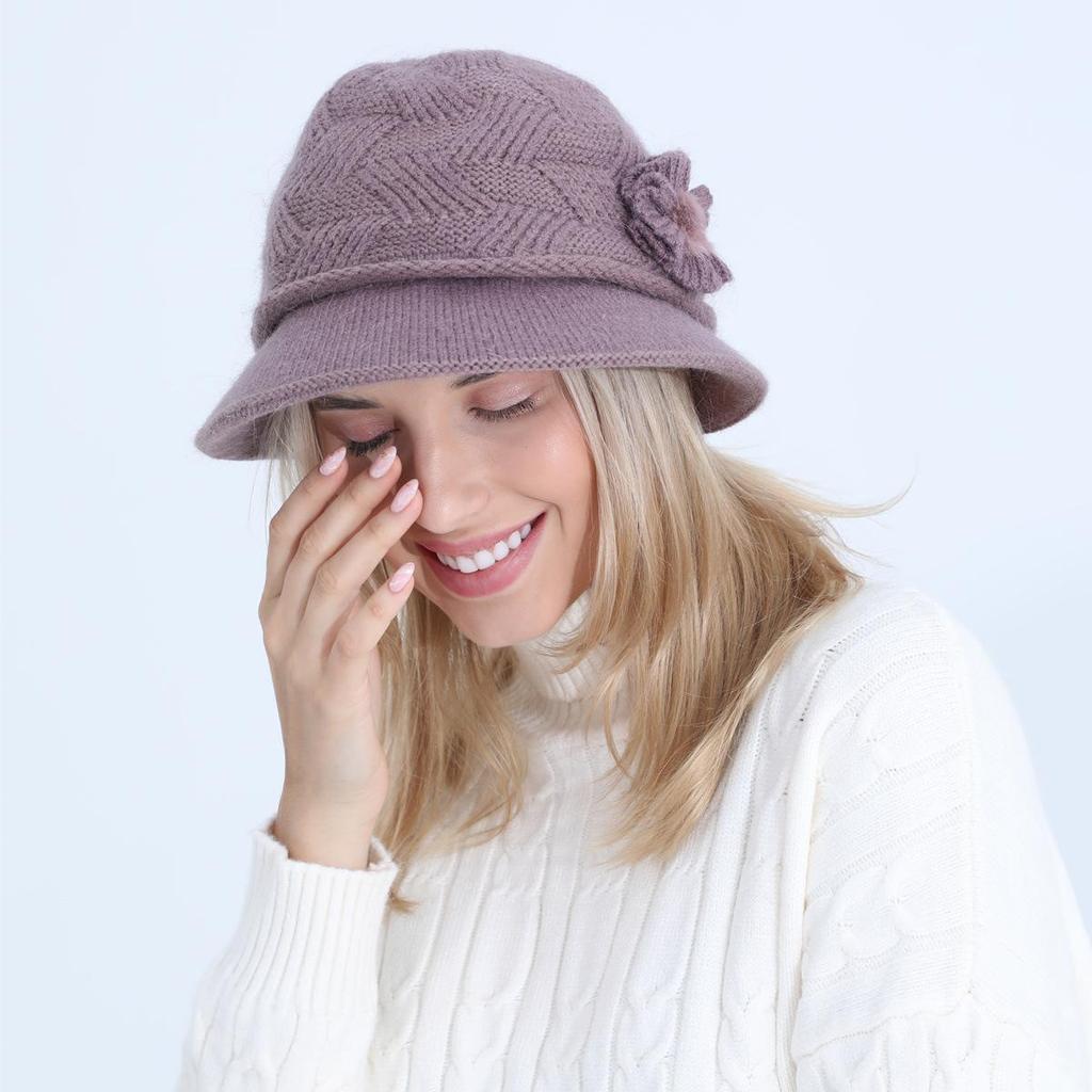 Женская осенне-зимняя шерстяная шляпа с цветком для мамы и кролика, плюшевая утолщенная теплая шапка