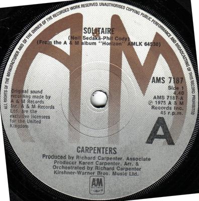 7-дюймовая пластинка CARPENTERS - Solitaire AMS7187 A&M Records 1975 UK Поп Б/у