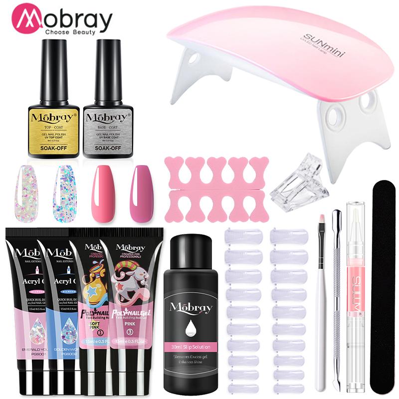 Mobray 15/8/5PCS Poly Extention Gel Set For Manicure Gel Extension Set Color Nail Tip Form Crystal UV Gel Slice Brush Nail Gel