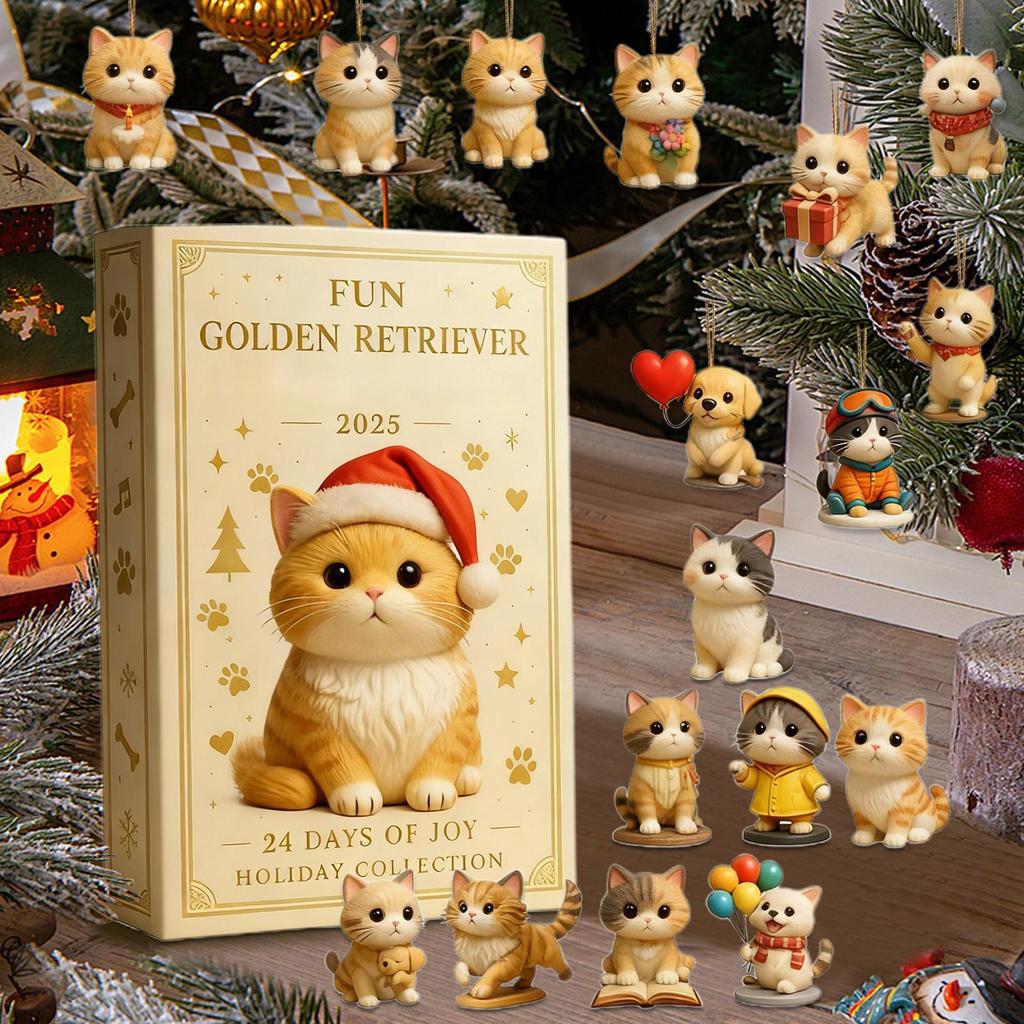 Cat Lover Christmas Advent Calendar, 24 Days Countdown with 2D Acrylic Ornaments for Christmas Tree Decor, Home, Adults Kids