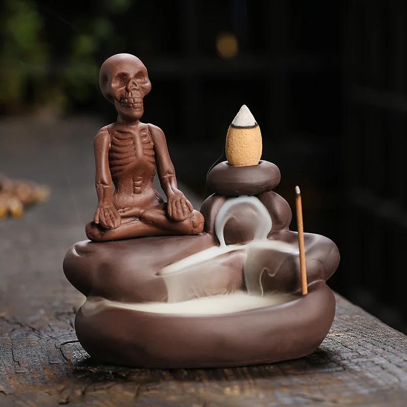 Halloween Ornament Skull Backflow Incense Burner Purple Clay Incense Stick Holder, Aromatherapy Home Decor Censer (No Incense)