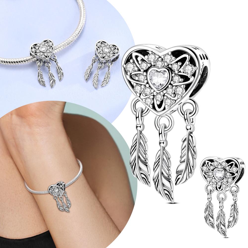 Charms 925 Silver Shining Heart Dreamcatcher Beads Fit Women Bracelet Jewelry Diy Girl's Fine Gift