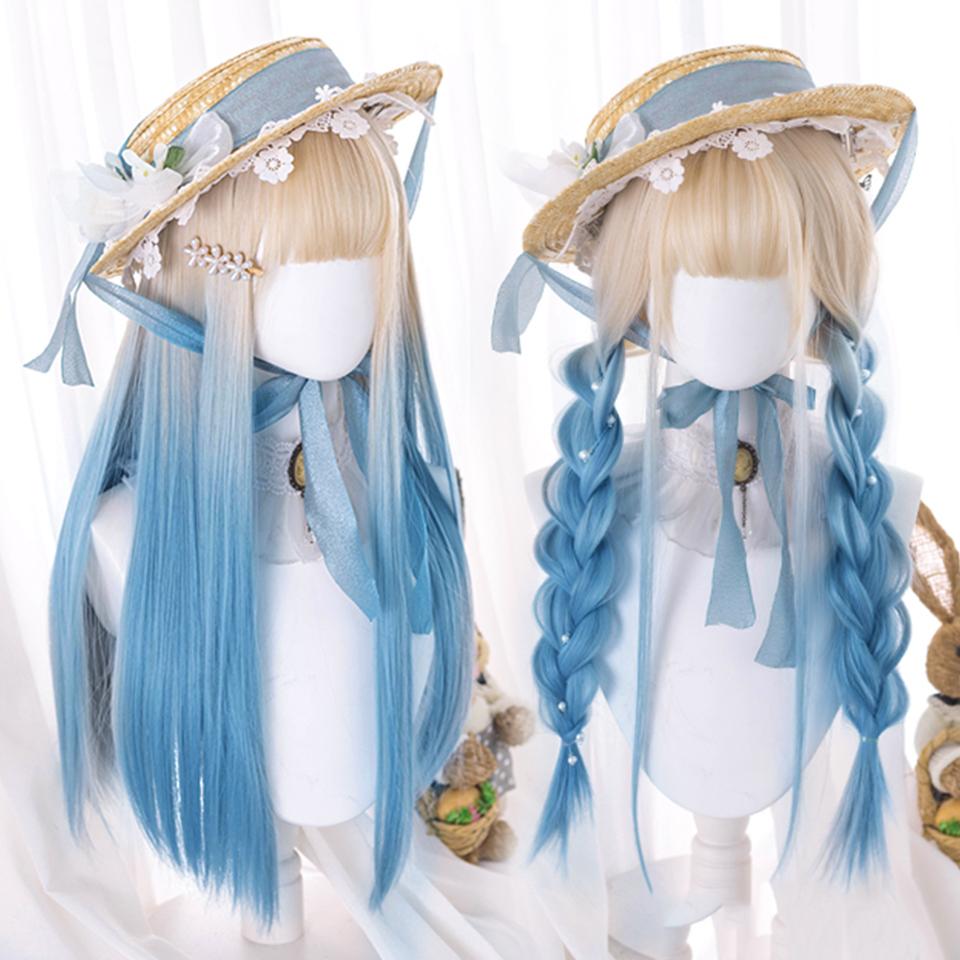 OLACARE синтетический длинный прямой парик Лолита с челкой парик для девочек милый омбре голубой блонд черный парик для косплея вечеринки Хэллоуина Харадзюку