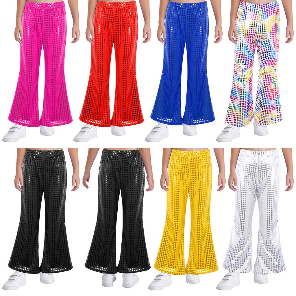 Unisex Kids Elastic Waistband Flared Pants Shiny Sequins Jazz Dance Trousers