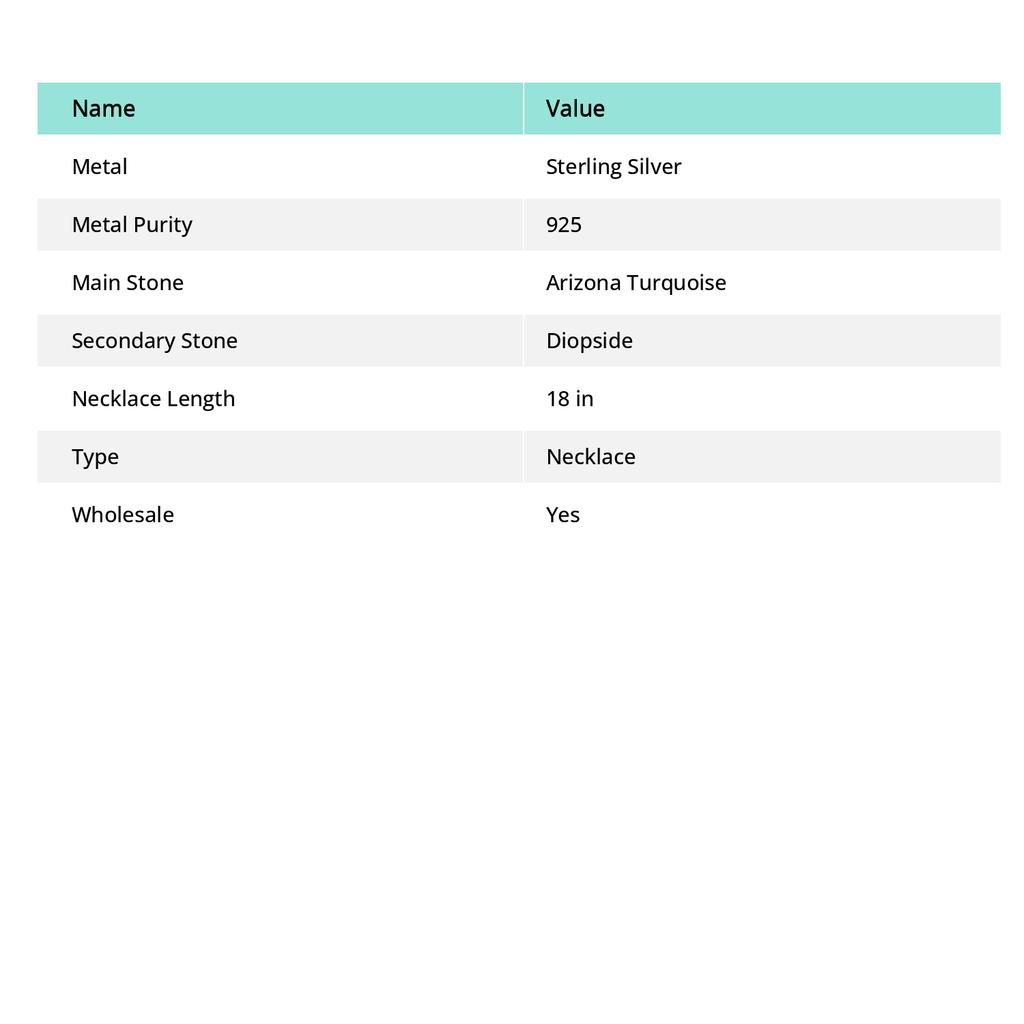 Аризонская бирюза, Диопсид 925 Стерлинговое серебро Ювелирное украшение Подарок Ожерелье 18" c6u57
