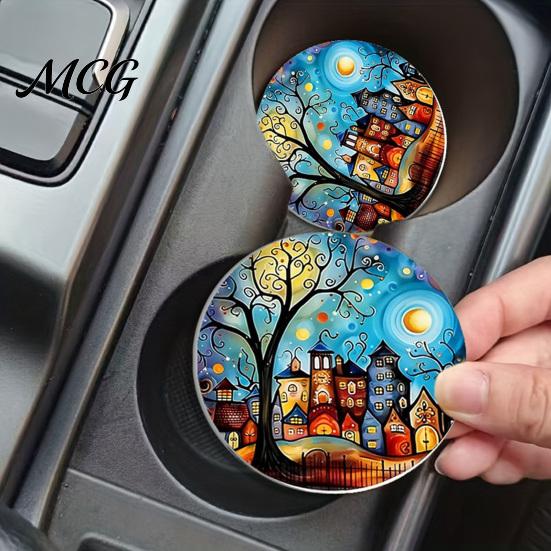 Easy Clean Car Coasters 2PCS Coasters, Oil Painting Print, Decorative Non-Slip Thermal Pads, Stain-Resistant Modern Accessory Gift to Cup Holders, for