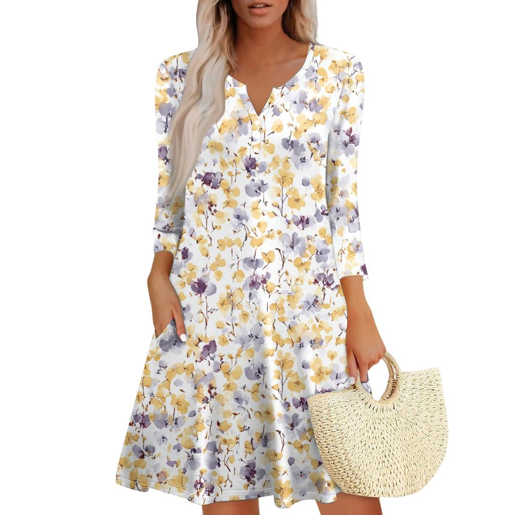 Женское модное платье с V-образным вырезом, пуговицами, рукавами длиной семь восьмых, карманом и цветочным принтом