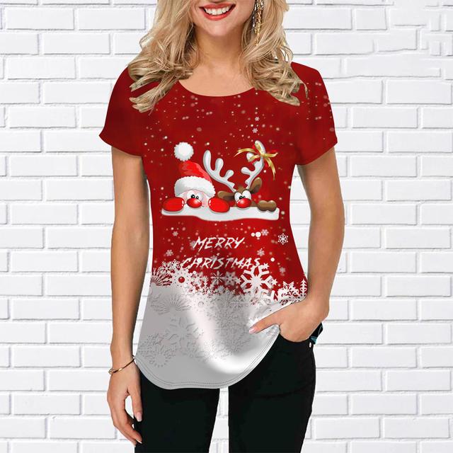 Футболка с изображением лося и снеговика для женщин, летняя футболка большого размера, топ с рождественским принтом и графическим принтом, 2023, модные повседневные женские футболки с круглым вырезом, пуловер