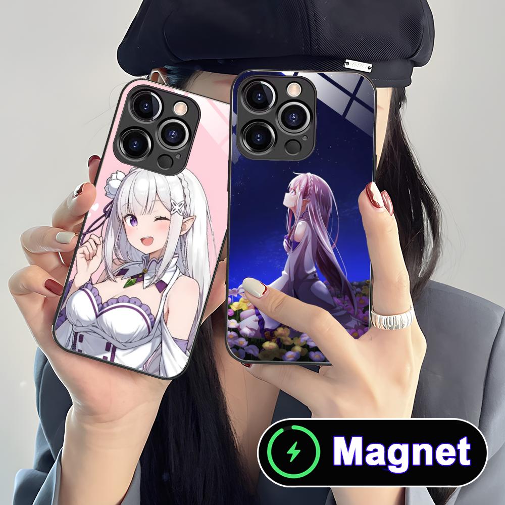 ReZero Emilia Вайфу Стеклянный Чехол для Телефона MagSafe для iPhone 17 16 15 14 13 12 11 Air Pro Max Plus Mini Цветной Чехол
