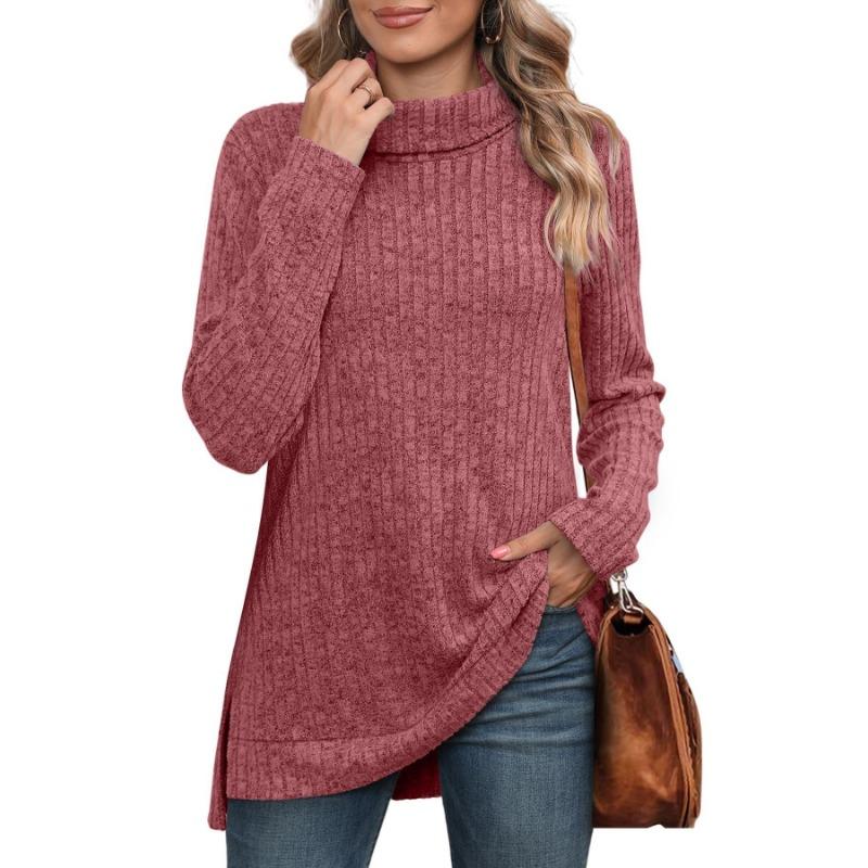 Spring and Autumn Women's Blouse High Neck Bib Side Split Solid Color Long Sleeve Top