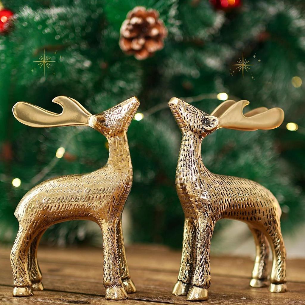 Latest Antique Golden Aluminium Christmas Reindeer Figurine Statue 2 Pcs | Reindeer Showpiece for Tabletop, Bookshelf, Desktop, Cabinets,
