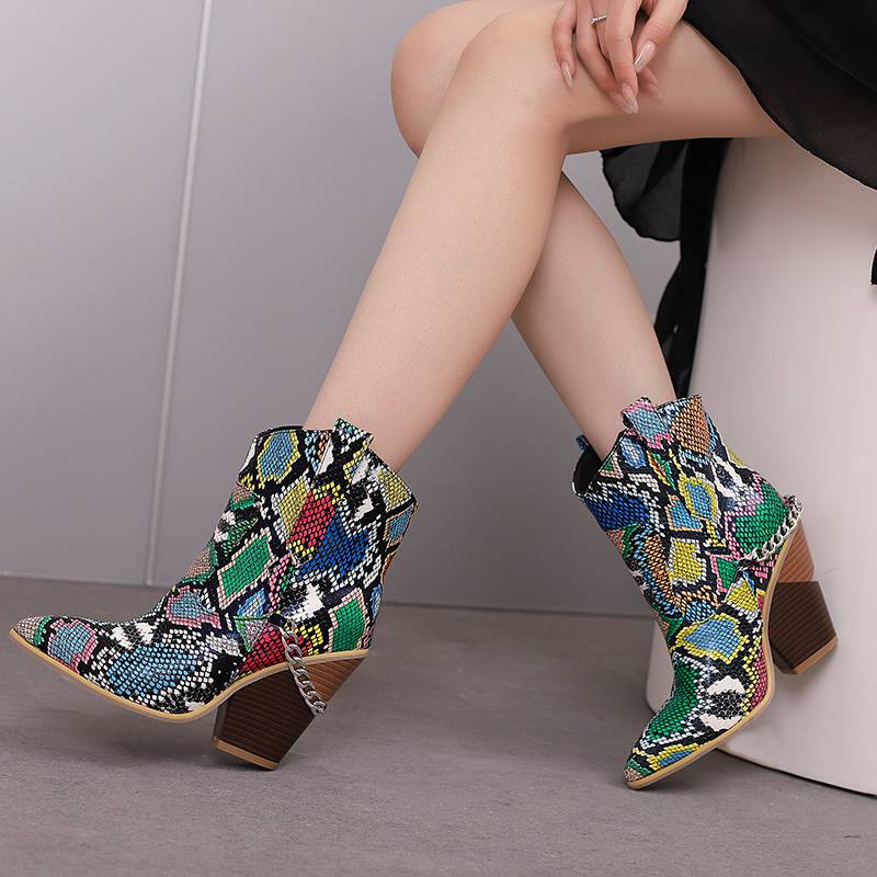 Krazing Pot Polyurethane Autumn Winter Shoes 47 Size 48 Super Size Wedges Pointed Toe Lace Up Serpentine Metal Chains Fashion Ankle Boots