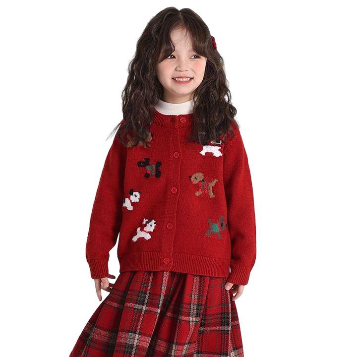 Праздничный красный мультяшный кардиган для девочек - Осеннее вязаное пальто-свитер.