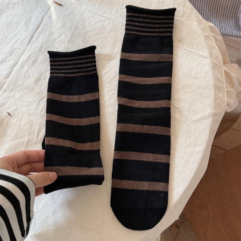 Mulberry, Silk, Cotton, Wool Socks, Winter Striped Boneless Socks, Mid-calf Socks, Striped Socks for Women