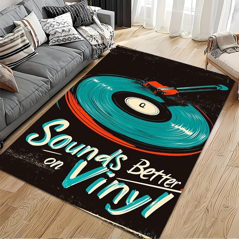 Music Art Area Rug, Sounds Better on Vinyl Turntable Record Retro Teal Red Print, Music Studio Decor, Non-Slip Mat