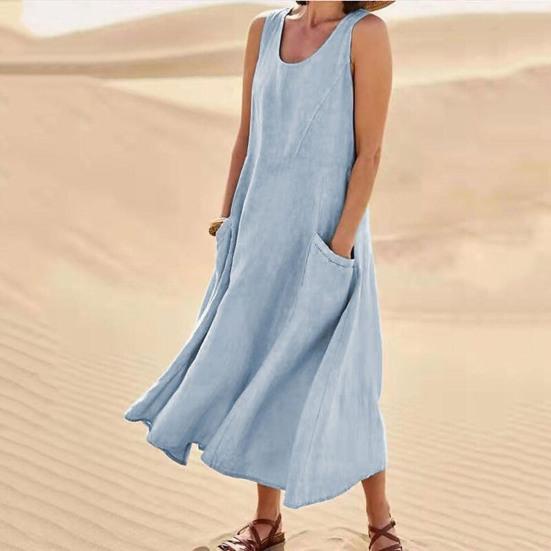Women Summer Dresss O Neck A-line Loose Hem Sleeveless Pockets Soft Breathable Casual Mid-calf Length Sundress Daily Midi Dress