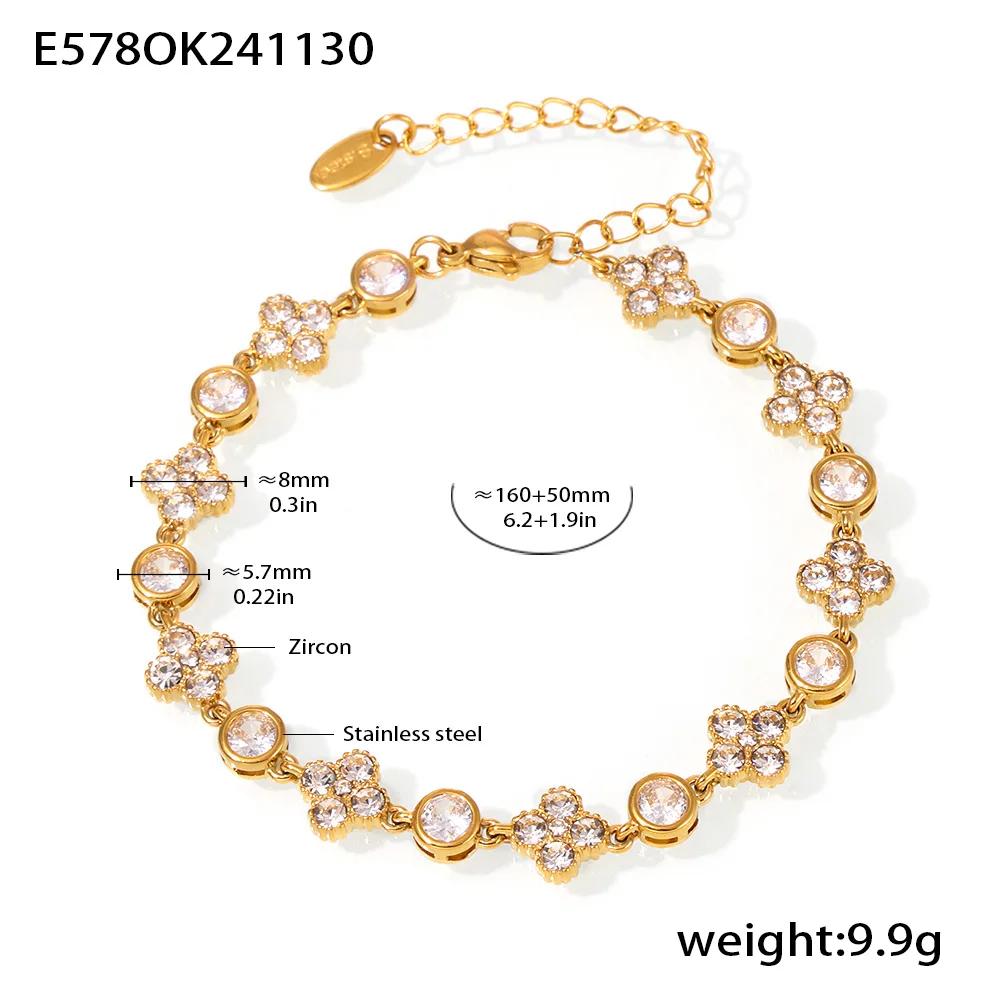 Luxury Flower Zircon Gold Plated Tennis Bracelet For Women Stainless Steel Bangle Vintage Daily Charm Jewelry Gift