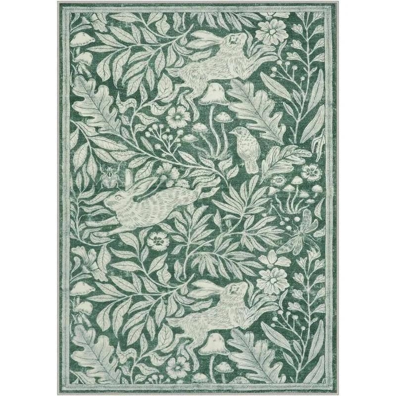 Ковер для гостиной Мягкие моющиеся коврики для столовой Ковер с винтажным принтом Зеленые ковры для спальни Пятноустойчивый напольный коврик под журнальный столик