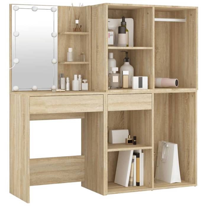 Coiffeuse - MAISON EXCLUSIVE - Chêne sonoma - LED miroir - 2 armoires - Grand rangement