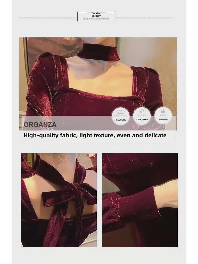 Elegant French Hepburn-Style Red Velvet Dress - Luxury, High-End Design