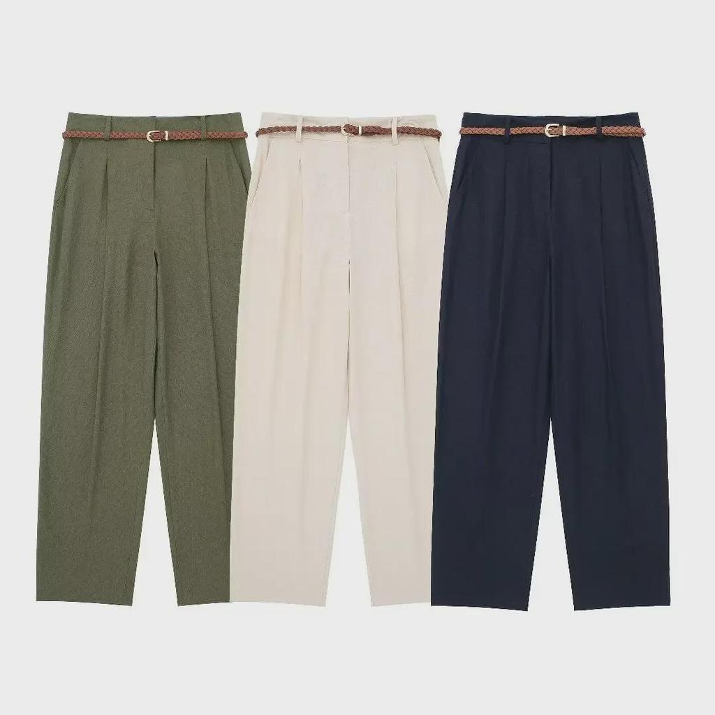 Летние 2024 г. Женские прямые брюки в европейском и американском стиле из льняной смеси с высокой талией в стиле ретро