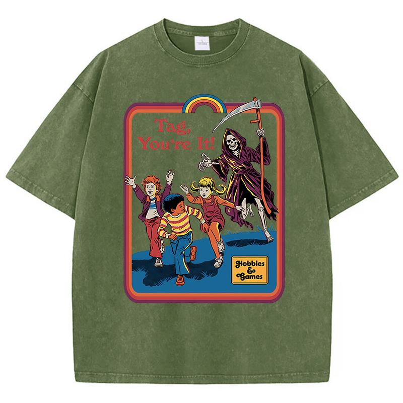 Death Is Chasing Me From Behind Washed Retro Male T-Shirt Breathable Oversize Tees Summer Cotton Clothes Couple