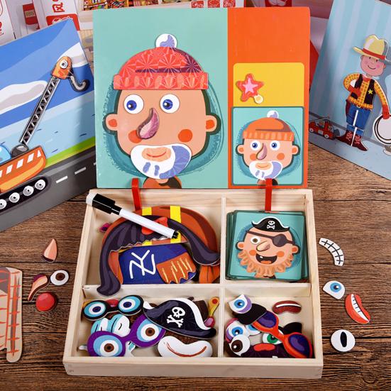Magnetic Block Puzzle Board Game Educational Logic Thinking Training Facial Feature Vehicle Circus Attire Princess Dressing Wooden Puzzle Matching Toy
