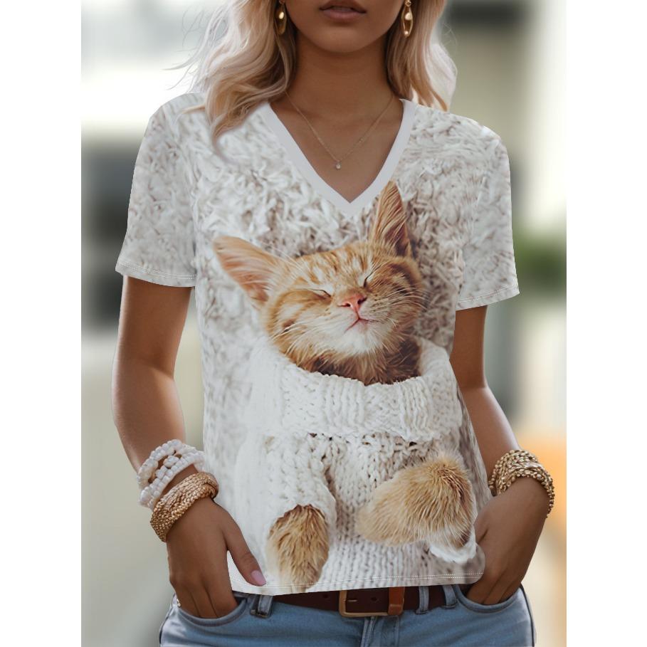 Футболки женские с коротким рукавом 3D принтованный топ праздничный анималистичный узор выходные базовая футболка с V-образным вырезом летняя